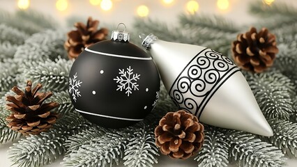 Elegant black and silver christmas ornaments with pinecones on frosted fir branches