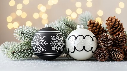 Elegant christmas ornaments and natural pinecones with frosted branches against festive bokeh lights