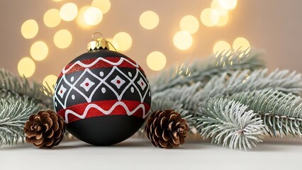 A festive black christmas ornament with intricate white and red patterns, natural pinecones, and snowy branches