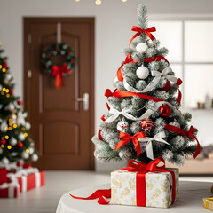 A christmas tree decorated with ribbons and ornaments in a cozy room