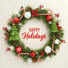 A festive christmas wreath with red and white decorations and greeting