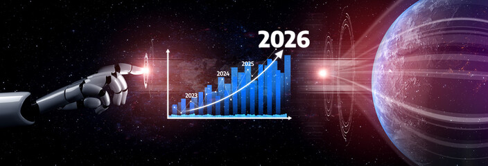 A futuristic robot hand points to a rising graph illustrating growth trends and projections for the year 2026, set against a cosmic and abstract background. Tessel
