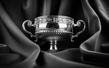 A luxurious silver trophy cup on a dark satin cloth background