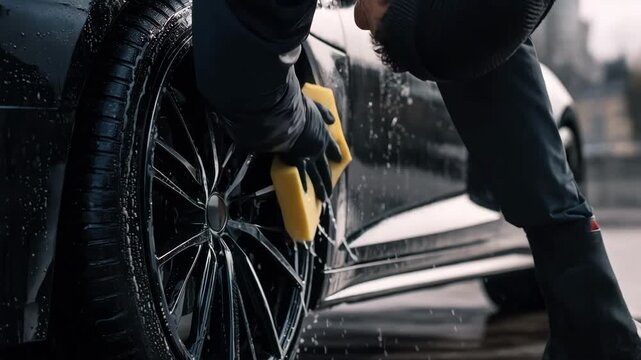 Medium shot of a person applying gelbased tire shine with a sponge enhancing the tires deep black and polished look on an urban vehicle.