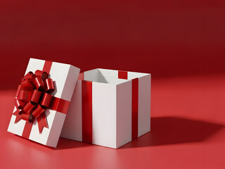 Two white gift boxes with red ribbons on a red background scene