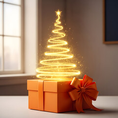 A christmas tree light decoration on top of a gift box indoors