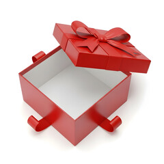 An open red gift box with a ribbon and handle detail