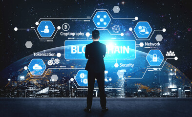 A businessman examines digital blockchain icons, symbolizing security, network, and tokenization, against a night cityscape backdrop, highlighting technological innovation. Tessel