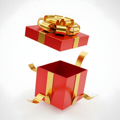 Two red gift boxes with gold ribbon bows on white background
