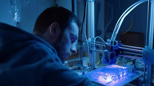 Medium shot of a designer adjusting a 3D printer producing custom car body panels showcasing rapid prototyping for personalized vehicle upgrades