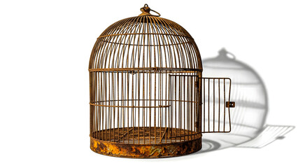 Ancient Rusty Metal Birdcage with Open Door Against a White Backdrop