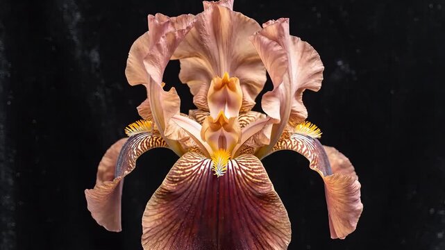 Close up of a beautiful blooming iris flower with intricate details and rich colors.