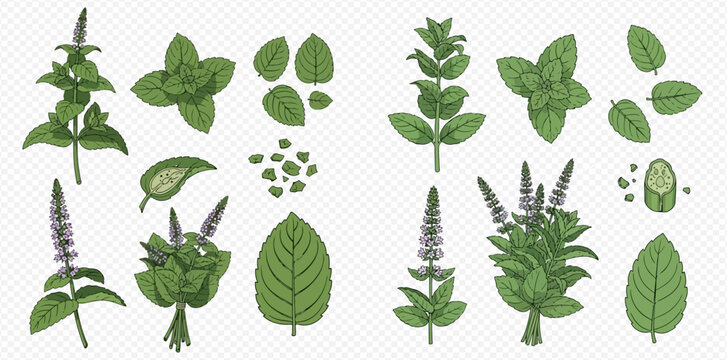 Set of fresh green mint leaves and branches with flowers, illustration for cooking and aromatherapy.