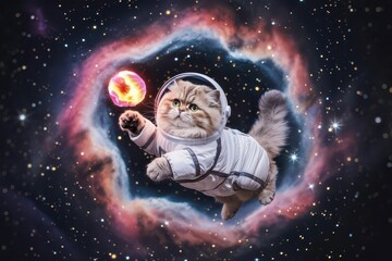 Astronaut cat exploring colorful cosmic wonders.