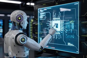 Futuristic robot interacting with digital interface