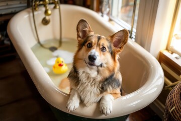 Corgi enjoying bath time with rubber ducky.