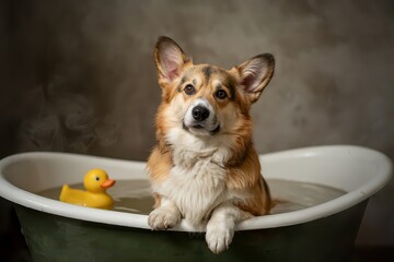 Adorable corgi enjoying a bath with a rubber duck.