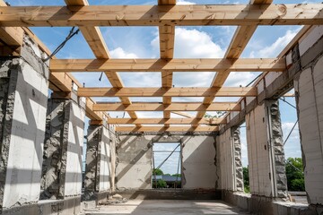 Obraz premium Wooden framework of a building under construction.