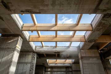 Construction site with wooden beams and open sky view.