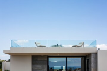 Modern rooftop patio with elegant glass railing.