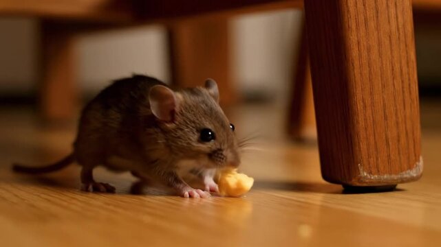 Cute house mouse nibbling on a piece of popcorn on a wooden floor