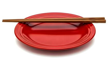 Red Plate and Chopsticks Isolated on a White Background