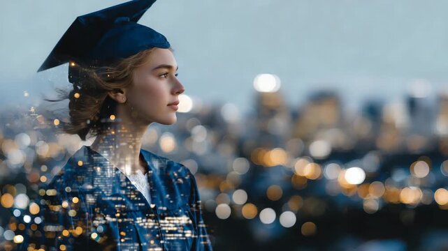 15Young woman graduate wearing a cap and gown, her profile blended in a double-exposure effect with a glowing nighttime city skyline, symbolizing ambition, future career opportunitie
