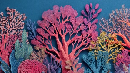 A detailed display of various coral shapes made from paper cuttings stands out against a solid blue background. The design shows different types of coral in various colors.