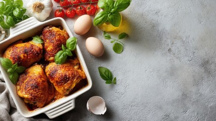 Cooking process includes a dish of baked chicken thighs with basil surrounded by eggs cherry tomatoes and garlic. Ingredients are arranged on a kitchen table.
