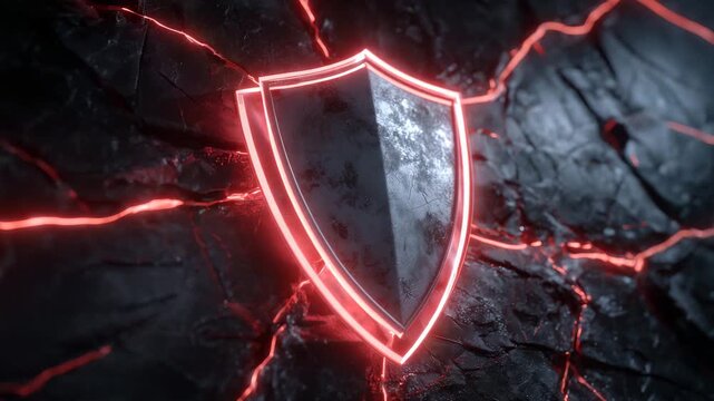 19Damaged metallic shield glowing with intense red neon light, mounted on a dark cracked wall; futuristic cyberpunk atmosphere highlighting vulnerability, broken defenses, and loomin