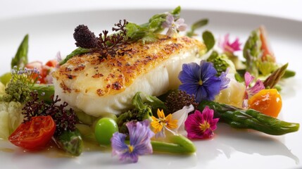 A dish featuring grilled fish placed on a white plate surrounded by colorful vegetables and various edible flowers is presented on a dining table during lunch.