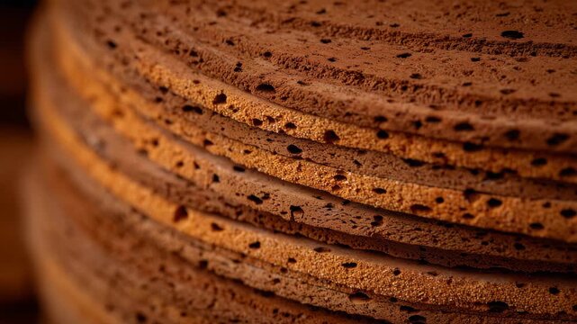 19Macro shot of cork building material sheets layered tightly together, highlighting tiny holes, fibrous edges, and organic patterns in a warm, rustic environment.