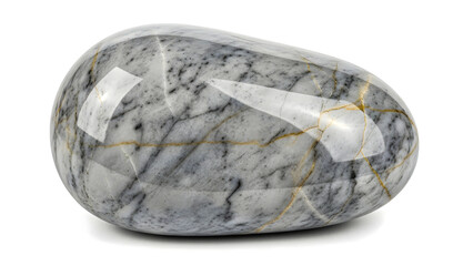 Polished gray and white stone with golden veins on white background