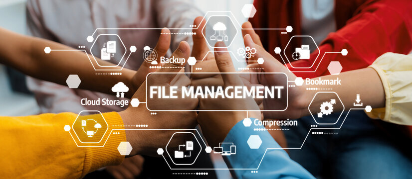 A diverse team collaborates on file management, showcasing teamwork in a modern workspace. Innovative technology icons highlight key aspects like cloud storage and data backup. Amity - Powered by Adobe