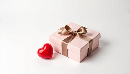 Obraz premium Elegant pink gift box with a ribbon and a red heart next to it on a white background