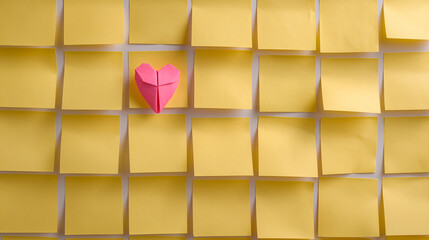 Yellow sticky notes on the wall with a pink origami heart standing out among them all. Love concept in the office