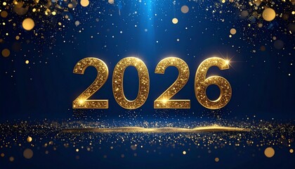 Fototapeta premium Sparkling Gold 2026 New Year Numbers on Deep Blue Stage with Spotlight and Festive Glitter Bokeh