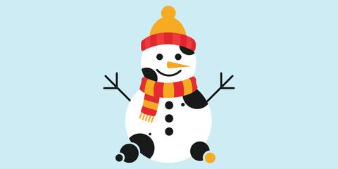 Whimsical stylized snowman character wearing a colorful winter hat and scarf, cute festive holiday vector illustration on blue background