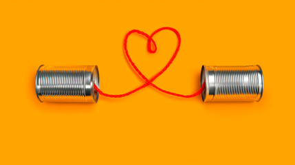 Tin can telephone with red string in the shape of a heart on an orange background - concept of communication and love