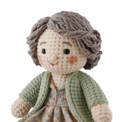 Crochet elderly woman doll, handmade amigurumi grandmother character isolated on white background