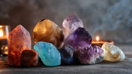 A group of various crystals in different colors and shapes is arranged on a wooden table. Flickering candles are nearby creating a warm atmosphere in the dim room.