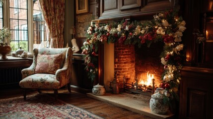 A chair sits next to a decorated fireplace. The fireplace has a fire burning and holiday decorations above it. Sunlight enters through a window and warms the room.