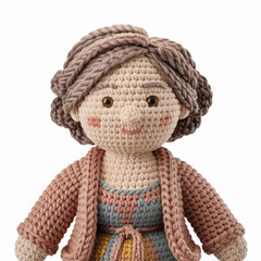 Crochet older woman doll with neutral clothing, handmade amigurumi human figure isolated on white background