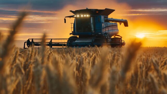32A combine looms large in the foreground from a ground-level perspective as it moves through tall ripe wheat; the horizon blazes with orange-gold sunset light, emphasizing the scale