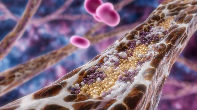 31Digital medical artwork of a cross-sectioned human bone, highlighting internal microstructure, calcium accumulation, and fibrous collagen strands, emphasizing anatomy and bone heal
