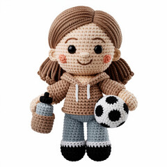 Crochet soccer mum doll holding coffee and football, handmade amigurumi lifestyle figure isolated on white background