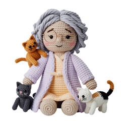 Crochet old lady doll with cats, handmade amigurumi grandmother and pet companions isolated on white background