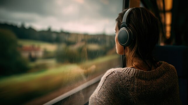 A woman sits on a train wearing headphones looking out the window at green fields and trees. The sky appears cloudy and she seems to enjoy her travel experience.