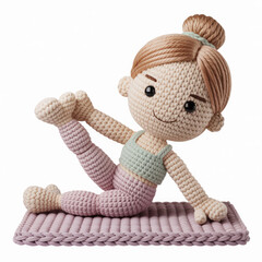 Crochet yoga doll stretching on mat, handmade amigurumi wellness and fitness figure isolated on white background