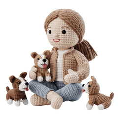 Crochet girl doll sitting with dogs, handmade amigurumi child and pet companion isolated on white background